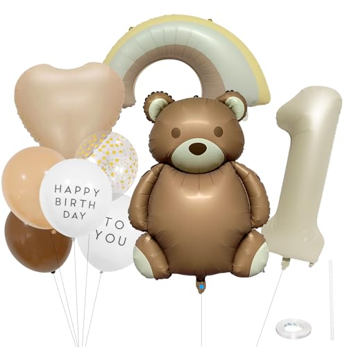 ParPix Bär Luftballon 1. Geburtstag Junge Mädchen,9 Stk Bären Ballons Geburtstagsdeko 1 Jahr,Regenbogen Ballon Deko 1 Geburtstag,Luftballons Bären Erster Geburtstage,Geburtstagsdeko Bär 1 Folienballon von ParPix