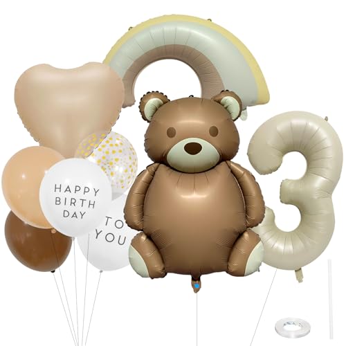 ParPix Bär Luftballon 3. Geburtstag Junge Mädchen, 9 Stück Bären Luftballons Geburtstagsdeko 3 Jahre Mädchen Junge,Folienballon 3 Regenbogen,Luftballons Bär Deko 3. Geburtstag Set,Bären Ballon 3 Jahre von ParPix