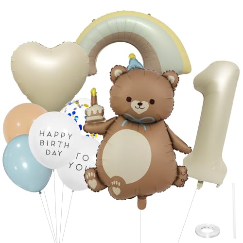 ParPix Bär Luftballon 1. Geburtstag Junge Mädchen,Bären Ballons Geburtstagsdeko 1 Jahr,Regenbogen Ballon Deko 1 Geburtstag,Luftballons Bären Erster Geburtstage Deko,Geburtstagsdeko Bär 1 Folienballon von ParPix