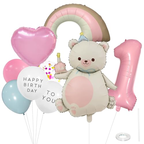 ParPix Bär Luftballon 1. Geburtstag Mädchen Deko, Bären Ballons Geburtstagsdeko 1 Jahr,Regenbogen Ballon Deko 1 Geburtstag,Luftballons Bären Erster Geburtstage,Rosa Geburtstagsdeko Bär 1 Folienballon von ParPix