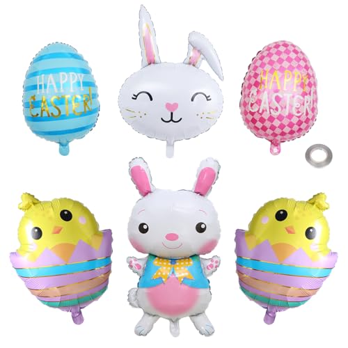 ParPix Niedlich Hase Folienballon Ostern Deko, 6 Stk Osterhase Luftballon,Tier Deko Ostern Luftballons,Huhn Ostereier Hasen Ballon für Oster Party Kinder,Bunt Osterluftballons,Osterhasen Folienballons von ParPix