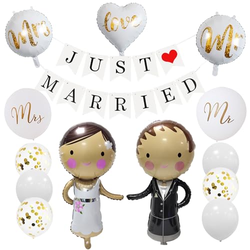 ParPix Brautpaar Luftballons Hochzeit Deko, Just Married Girlande Brautpaar Ballons Hochzeit Deko,Mr & Mrs Deko Hochzeit Luftballon,Standesamt Hochzeitsdeko Brautpaar Figuren Love Hochzeitsballons Set von ParPix
