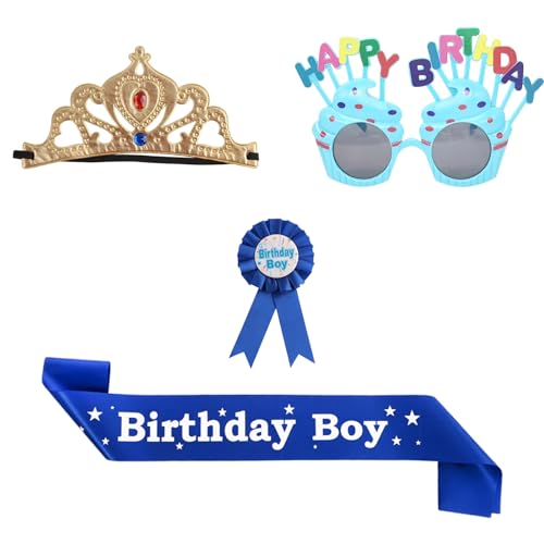 4 Stück Krone Geburtstag Junge Set,Blaue Geburtstag Junge Gürtel+Birthday Boy Krone Schärpe Abzeichen+Geburtstag König Krone Deko+Geburtstag Gläser,Krone Geburtstag Junge Set für Cosplay-Party 4 Stück Krone Geburtstag Junge Set,Blaue Geburtstag Junge Gürtel+Birthday Boy Krone Schärpe Abzeichen+Geburtstag König Krone Deko+Geburtstag Gläser,Krone Geburtstag Junge Set für Cosplay-Party von Parastar
