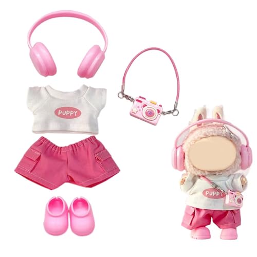 5pcs Outfit für Labubu 17cm Puppenkleidung und Zubehör für Labubu Kleidung Set Schuhe Shirt Hosen Kopfhörer Cemera (keine Puppe) Rosa von Parateck