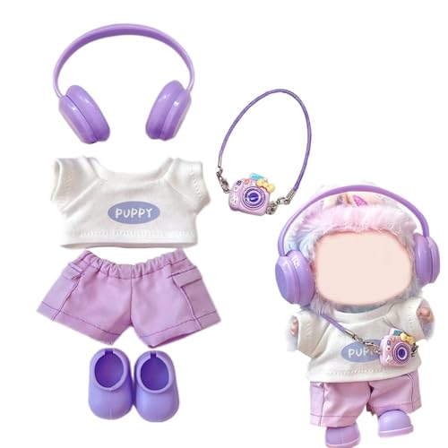 5pcs for Labubu Clothes Set Cute Outfit for 17cm Labubu Doll Clothing and Accessories Shoes Shirt Pants Headphone Cemera (No Doll) Purple von Parateck