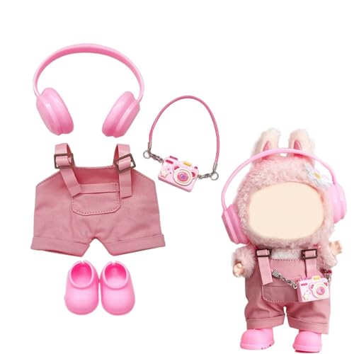 Outfit für Labubu 17cm Puppentuch und Zubehör Schuhe Overalls Kopfhörer Cemara (keine Puppe) Rosa von Parateck
