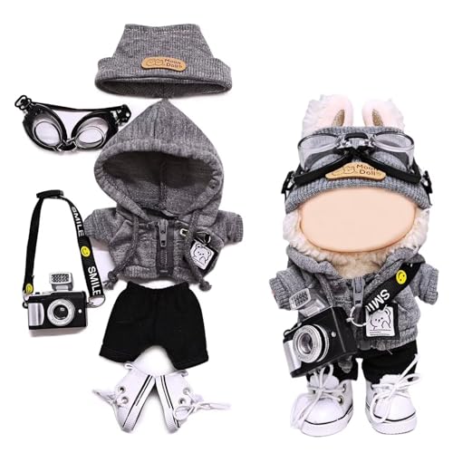Outfit für Labubu Puppenkleidung und Zubehör, 17 cm, Kleidungsset, 6-teilig, Hoodie, Hose, Schuhe, Hut, Brille, Kamera (keine Puppe) von Parateck