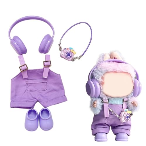 Puppenkleidung für Labubu Outfit 17cm La BUBU Bekleidungsset und Zubehör Schuhe Overalls Kopfhörer Cemara (keine Puppe) Lila von Parateck