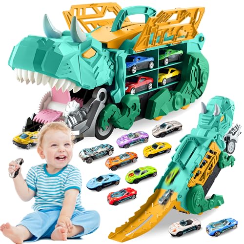 Pardofelis Transport Truck Spielzeugautos für Jungen im Alter von 3 4 5 6 7 Jahren, Tragbares Dinosaurier Truck Spielzeugauto mit 10 Rennautos, Autotransporter Spielzeug Set für Kinder, Grün von Pardofelis
