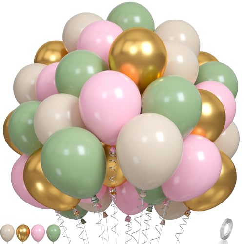 Luftballons Rosa Grün, Salbeigrün Sandweiß Partyballons Chrome Metallic Gold Rosa Latexballons Grün Rosa Ballons für Kinder Erwachsene Boho Geburtstag Dschungelsafari Party Hochzeit Babyparty von Paready