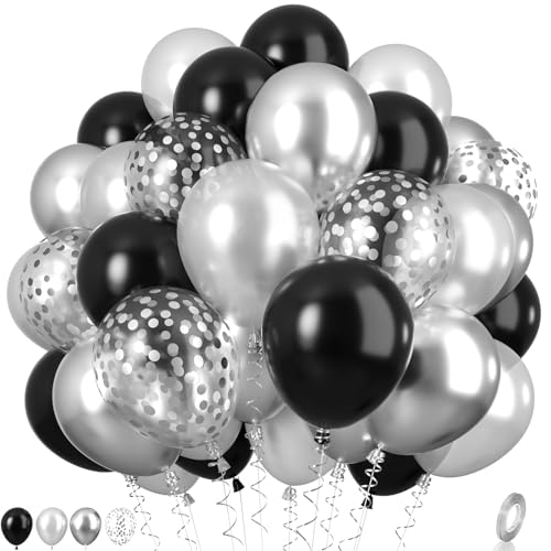 Luftballons Schwarz Silber Ballons, Metallic Silber Schwarz Partyballons Perle Silber Konfettiballons Schwarz und Silber Latexballons für Kinder Erwachsene Geburtstag Hochzeit Babyparty Abschlussfeier von Paready