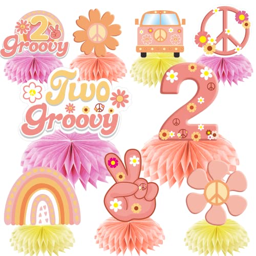 Zwei groovige Party-Dekorationen, Tisch-Waben-Mittelstücke für Mädchen, 9 Stück, Groovy Birthday Thema, Tischaufsatz, Partyzubehör, 60er-Jahre-Retro-Hippie-Boho-Partyschild, 2. Geburtstag von Parfundg