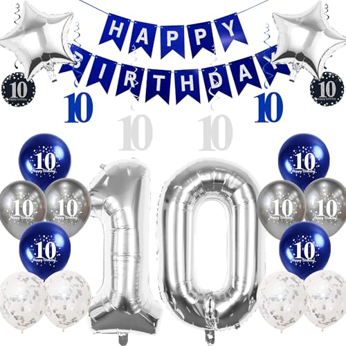 Pargleev Dekoration zum 10. Geburtstag für Jungen und Mädchen, 81,3 cm, Folienballons mit Wirbel-Dekorationen, Happy Birthday-Banner und Stern-Folienballons, 12 Stück, Confetii Silber von Pargleev