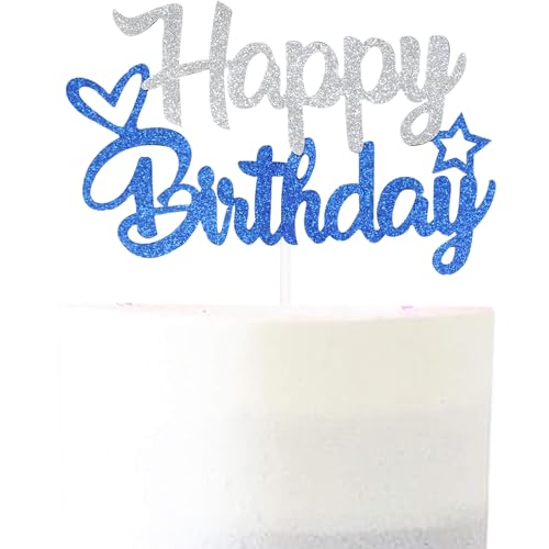 Pargleev Glitzernde Kuchendekoration "Happy Birthday", personalisierbar, Party-Dekoration, Partyzubehör für Babys, Jungen, Mädchen, Männer, Frauen, Blau und Silber von Pargleev