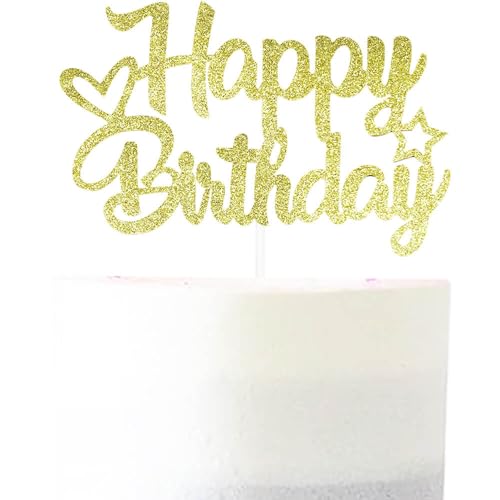 Pargleev Glitzernde Kuchendekoration "Happy Birthday", personalisierbar, Party-Dekoration, Partyzubehör für Babys, Jungen, Mädchen, Männer, Frauen, Gold von Pargleev