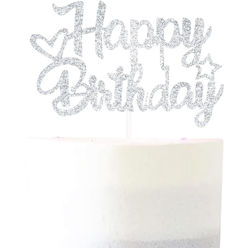Pargleev Glitzernde Kuchendekoration "Happy Birthday", personalisierbar, Party-Dekoration, Partyzubehör für Babys, Jungen, Mädchen, Männer, Frauen, Silber von Pargleev