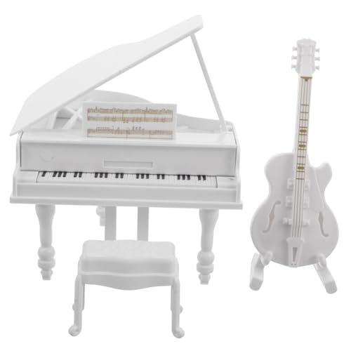 Parliky 3 Stück Miniatur Klavier Weiß mit Mini Gitarre und Hocker Realistische Puppenhaus Möbel für Tischdekoration Detailgetreue Mini Musikinstrumente als Fotorequisite und Sammlerstück von Parliky