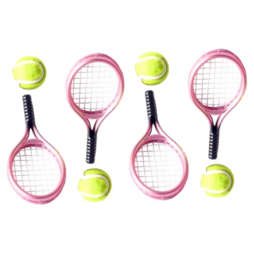 Parliky 4 Sätze Miniatur Tennis Schläger Modell Detailreiches Mini für Puppenhaus Dekoration Vielseitige Mini Tennis Sets als Fotorequisiten und Haus Zubehör Rosa von Parliky