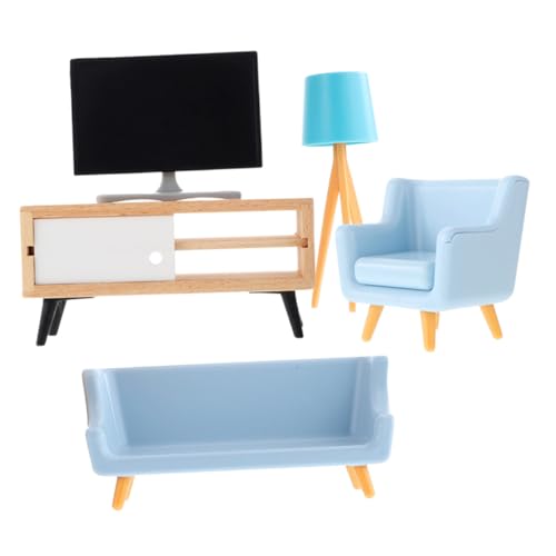 Parliky Miniatur Puppenmöbel Miniatur Tv Schrank Schwarzer Fernseher Weißer Tv Schrank Blaue Lampe Hellblaue Sofas Puppenhaus Dekoration Handgefertigte Miniaturmöbel für Puppenstube von Parliky