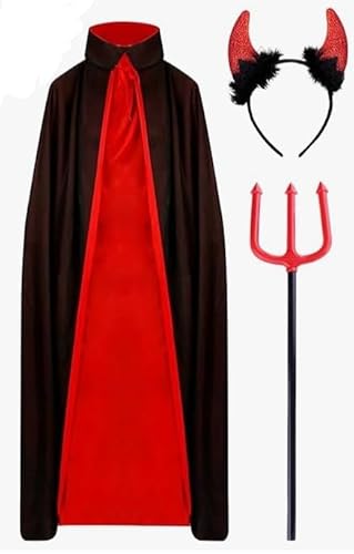 Halloween Teufel Kostüm Damen Herren mit Cape Teufel Hörner Stirnband Teufelsgabel für Halloween Karneval Cosplay Party (140cm) von PartAwake