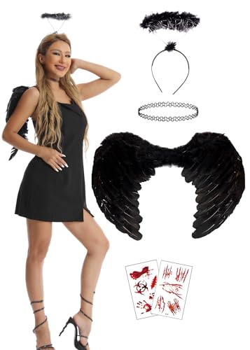 Schwarze Engelsflügel,Fünfteiliges Set Erwachsenes Schwarzes Engelskostüm Damen für Halloween Und Karneval Für Frauen,Cosplay-Party Karneval Schwarzes Engels Kostüm Für Party Schwarze Engelsflügel,Fünfteiliges Set Erwachsenes Schwarzes Engelskostüm Damen für Halloween Und Karneval Für Frauen,Cosplay-Party Karneval Schwarzes Engels Kostüm Für Party von PartAwake