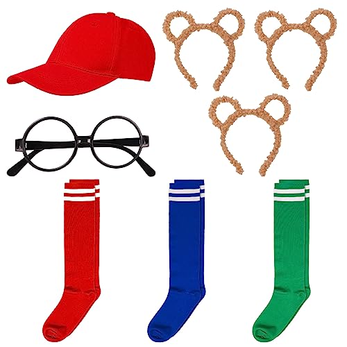 8 Stück Streifenhörnchen Kostüme Set, 3 Streifenhörnchen Ohren Stirnband 3 Paar Kniestrümpfe Streifen Socken 1 Schwarze Runde Brillenrahmen 1 Rote Cap Tierkostüm Zubehör für Erwachsene Teenager von Partideal