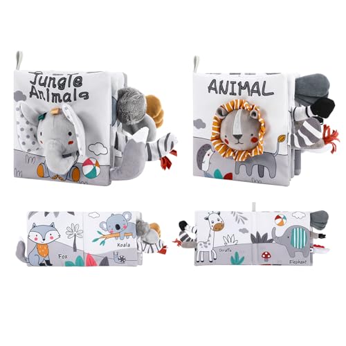 Partideal 2 x kontrastreiche sensorische Babybücher-Set, weiche Haptik und Haptik, Stoffbücher mit Quietscher für frühe Entwicklung, Jungen und Mädchen (Löwe + Elefant) von Partideal
