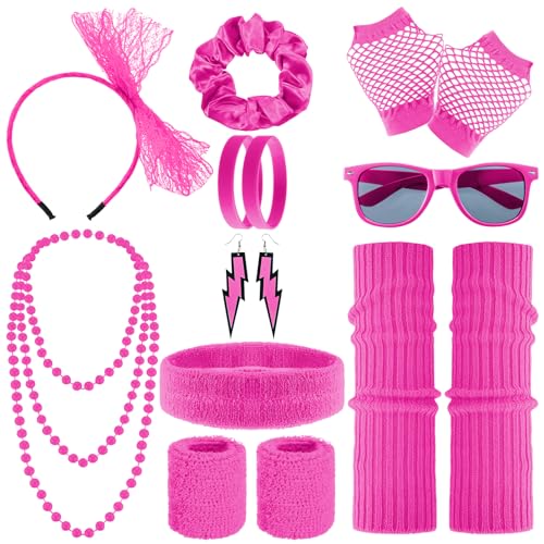 Partideal 90er 80er Jahre Accessoires,25 Stück 80er Jahre Outfit Damen Set mit Neon Oberteil Beinstulpen Armbänder Halskette Stirnband Ohrringe Brille Bauchtasche für Karneval Halloween von Partideal