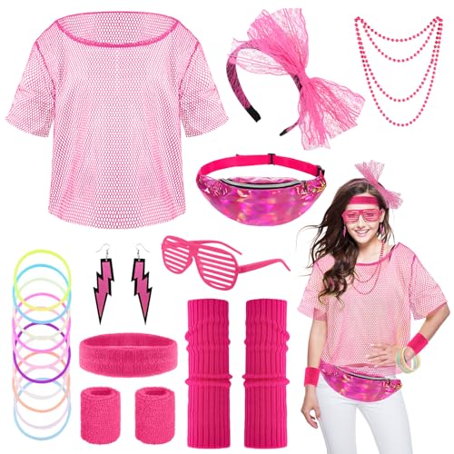 Partideal 90er 80er Jahre Outfit Damen Set,24 Stücke 80er Jahre Workout Kostüm mit Neon Netzshirt Beinwärmer Stirnband Armband Ohrringe Halskette Brille Bauchtasche für Karneval Halloween(Rosa) von Partideal