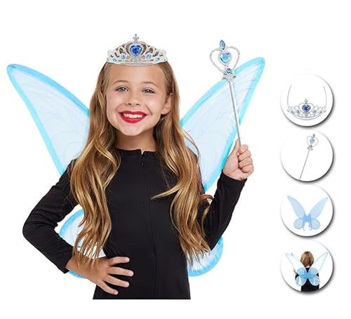 Partilandia | Blaues Organza-Feen-Set für Kinder: Stirnband, Zauberstab und Flügel (Einheitsgröße) von Partilandia