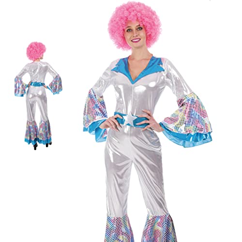 Partilandia Damen-Kostüm, 70er-Jahre, Größe S bis L: [Größe L]【Silberfarbener Overall】 Damenkostüme für Karneval von Partilandia