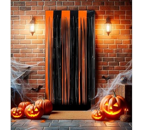 Partilandia Halloween-Vorhang mit Fransen, schwarz und orange, 1 x 2 m von Partilandia