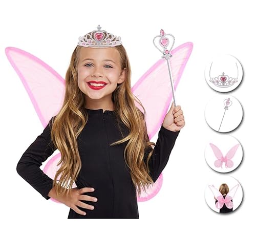 Partilandia Rosa Organza-Feen-Set für Kinder: Stirnband, Zauberstab und Flügel (Einheitsgröße) von Partilandia