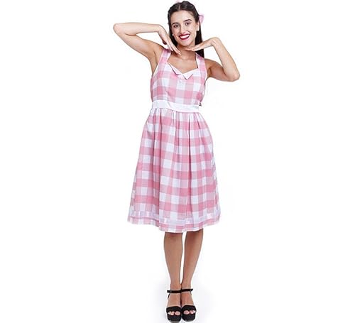 Partilandia Rosa und Weiß kariertes Puppen-Kostüm für Damen, Größe L von Partilandia