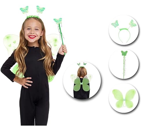 Partilandia Schmetterling-Set für Kinder, grün: Stirnband, Zauberstab und Flügel (Einheitsgröße) von Partilandia