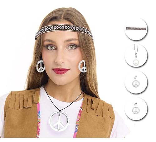 Partilandia Silberfarbenes Hippie-Set für Erwachsene: Halskette, Ohrringe und Band (Einheitsgröße) von Partilandia