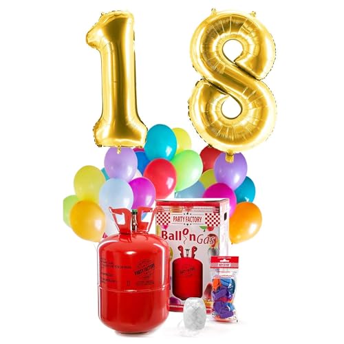 PARTY FACTORY Helium Geburtstags-Komplettset "18" - mit XXL Zahlenballons, 0,4m³ Ballongas, Ballonschnur & 30 bunten Latexballons - für Geburtstag, Jubiläum, Jahrestag in verschiedenen Farben (Gold) von Party Factory