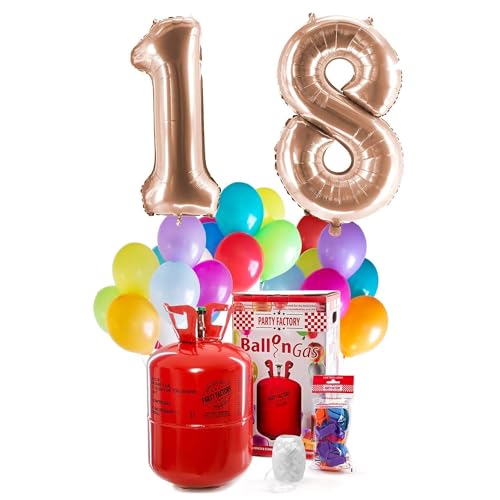 PARTY FACTORY Helium Geburtstags-Komplettset "18" - mit XXL Zahlenballons, 0,4m³ Ballongas, Ballonschnur & 30 bunten Latexballons - für Geburtstag, Jubiläum, Jahrestag in versch. Farben (Roségold) von Party Factory