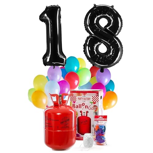 PARTY FACTORY Helium Geburtstags-Komplettset "18" - mit XXL Zahlenballons, 0,4m³ Ballongas, Ballonschnur & 30 bunten Latexballons - für Geburtstag, Jubiläum, Jahrestag in versch. Farben (Schwarz) von Party Factory