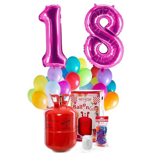 PARTY FACTORY Helium Geburtstags-Komplettset "18" - mit XXL Zahlenballons, 0,4m³ Ballongas, Ballonschnur & 30 bunten Latexballons - für Geburtstag, Jubiläum, Jahrestag in verschiedenen Farben (Pink) von Party Factory