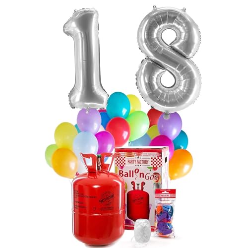 PARTY FACTORY Helium Geburtstags-Komplettset "18" - mit XXL Zahlenballons, 0,4m³ Ballongas, Ballonschnur & 30 bunten Latexballons - für Geburtstag, Jubiläum, Jahrestag in verschiedenen Farben (Silber) von Party Factory