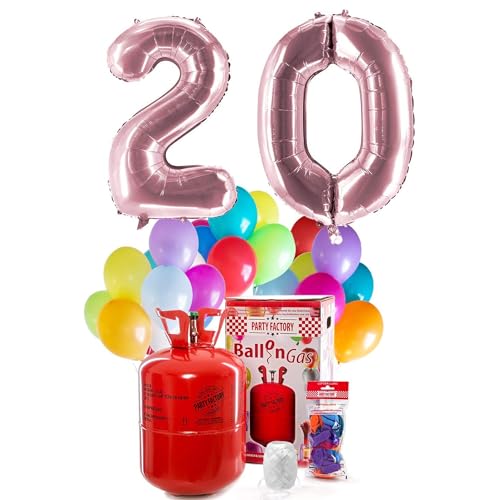 PARTY FACTORY Helium Geburtstags-Komplettset "20" - mit XXL Zahlenballons, 0,4m³ Ballongas, Ballonschnur & 30 bunten Latexballons - für Geburtstag, Jubiläum, Jahrestag in verschiedenen Farben (Rosé) von Party Factory