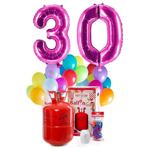 PARTY FACTORY Helium Geburtstags-Komplettset "30" - mit XXL Zahlenballons, 0,4m³ Ballongas, Ballonschnur & 30 bunten Latexballons - für Geburtstag, Jubiläum, Jahrestag in verschiedenen Farben (Pink) von Party Factory