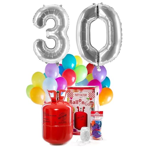 PARTY FACTORY Helium Geburtstags-Komplettset "30" - mit XXL Zahlenballons, 0,4m³ Ballongas, Ballonschnur & 30 bunten Latexballons - für Geburtstag, Jubiläum, Jahrestag in verschiedenen Farben (Silber) von Party Factory