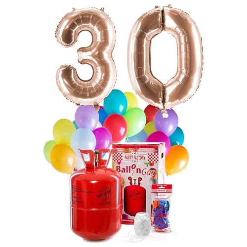 PARTY FACTORY Helium Geburtstags-Komplettset "30" - mit XXL Zahlenballons, 0,4m³ Ballongas, Ballonschnur & 30 bunten Latexballons - für Geburtstag, Jubiläum, Jahrestag in versch. Farben (Roségold) von Party Factory
