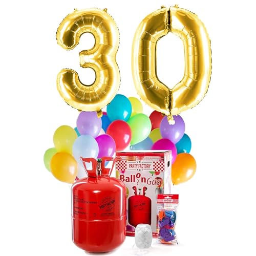 PARTY FACTORY Helium Geburtstags-Komplettset "30" - mit XXL Zahlenballons, 0,4m³ Ballongas, Ballonschnur & 30 bunten Latexballons - für Geburtstag, Jubiläum, Jahrestag in verschiedenen Farben (Gold) von Party Factory