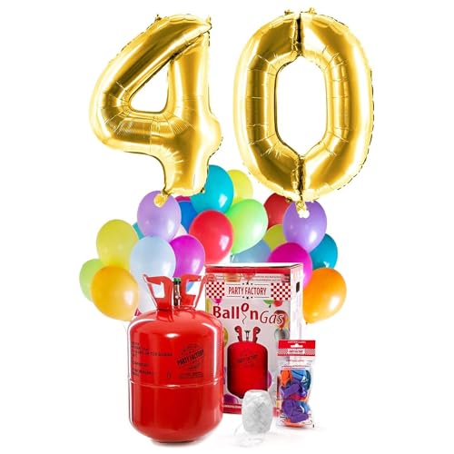PARTY FACTORY Helium Geburtstags-Komplettset "40" - mit XXL Zahlenballons, 0,4m³ Ballongas, Ballonschnur & 30 bunten Latexballons - für Geburtstag, Jubiläum, Jahrestag in verschiedenen Farben (Gold) von Party Factory