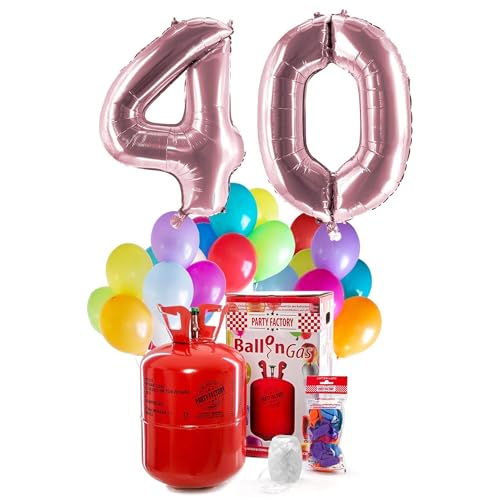PARTY FACTORY Helium Geburtstags-Komplettset "40" - mit XXL Zahlenballons, 0,4m³ Ballongas, Ballonschnur & 30 bunten Latexballons - für Geburtstag, Jubiläum, Jahrestag in verschiedenen Farben (Rosé) von Party Factory