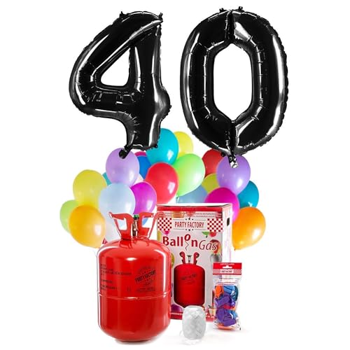 PARTY FACTORY Helium Geburtstags-Komplettset "40" - mit XXL Zahlenballons, 0,4m³ Ballongas, Ballonschnur & 30 bunten Latexballons - für Geburtstag, Jubiläum, Jahrestag in versch. Farben (Schwarz) von Party Factory