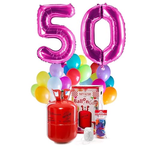 PARTY FACTORY Helium Geburtstags-Komplettset "50" - mit XXL Zahlenballons, 0,4m³ Ballongas, Ballonschnur & 30 bunten Latexballons - für Geburtstag, Jubiläum, Jahrestag - versch. Farben (Pink) von Party Factory